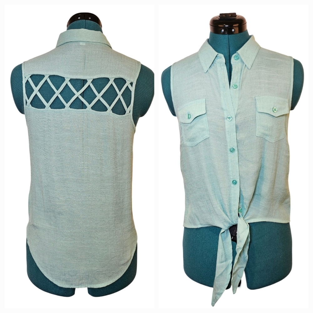 Mine teal sleeveless button down front tie fitted shirt top size S US